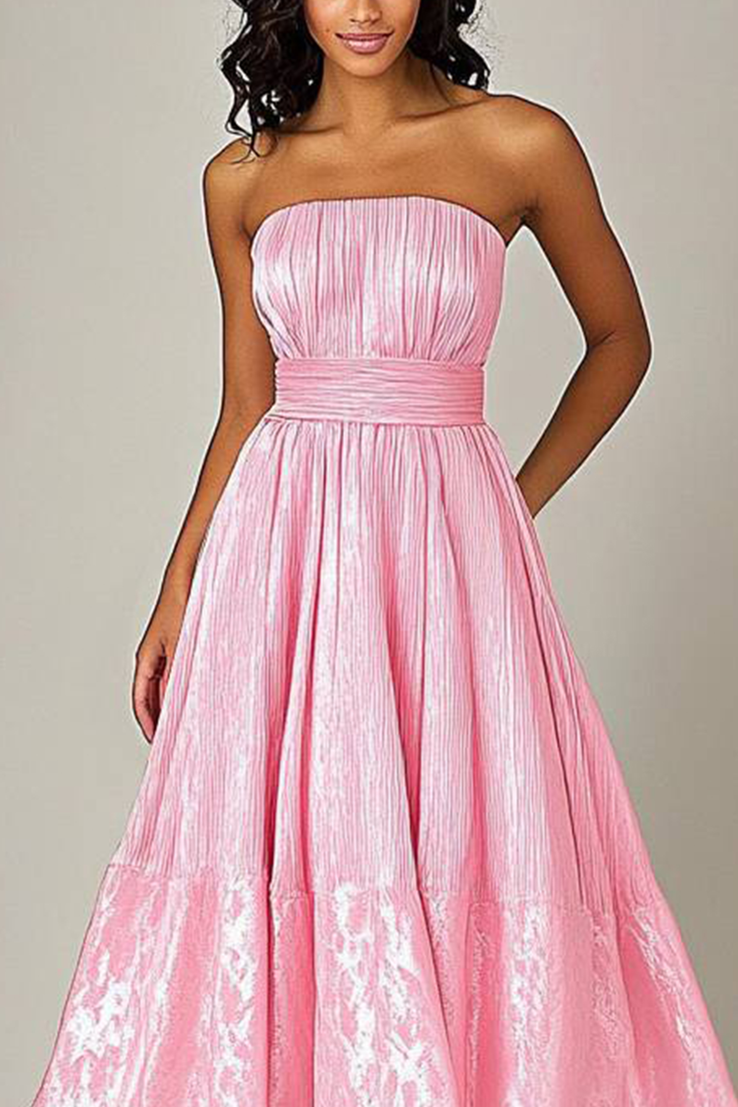 Prom Party Dress Off-Shoulder Pink Belt Pleated Midi Graduation Gown
