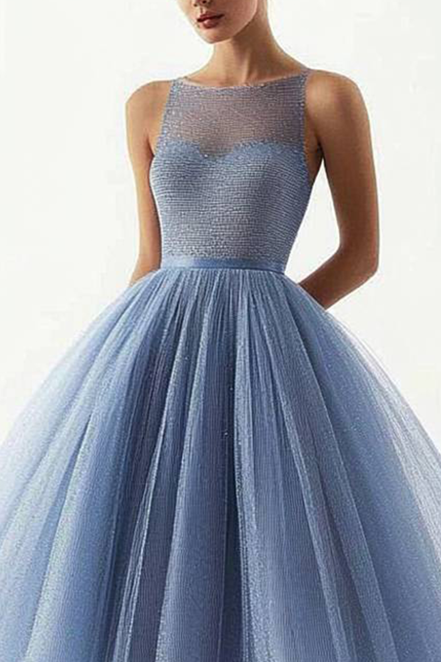 Graduation Prom Evening Light Blue Dress Sleeveless Mesh Pleated Midi Gown
