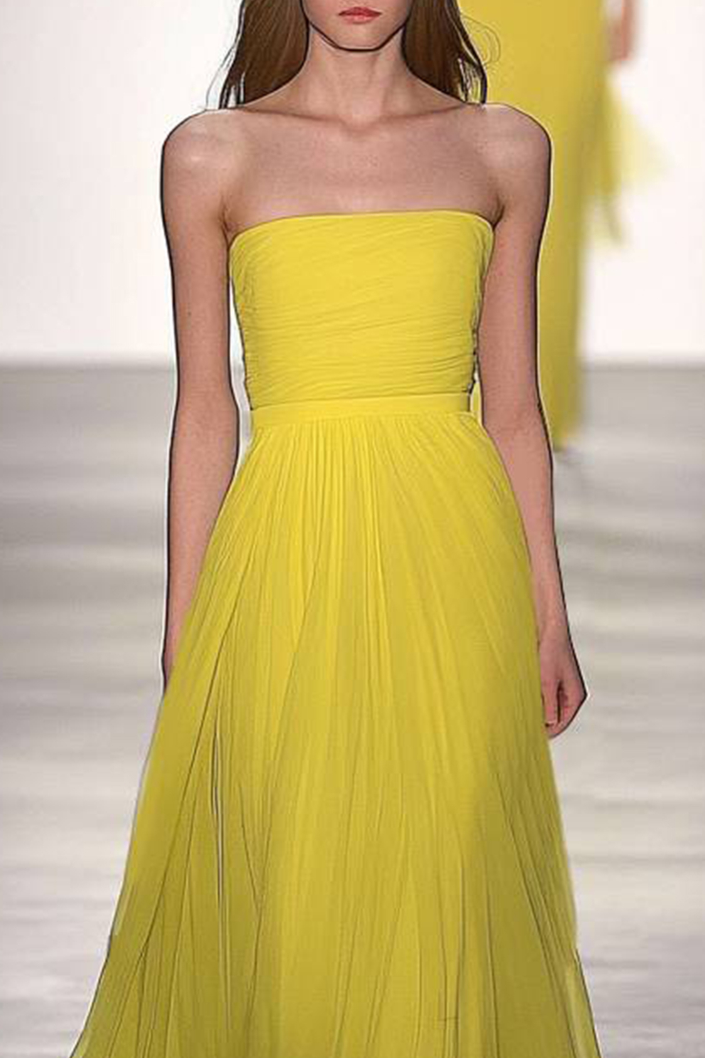 Evening Prom Mesh Yellow Dress Strapless Pleated Floor Length Dress