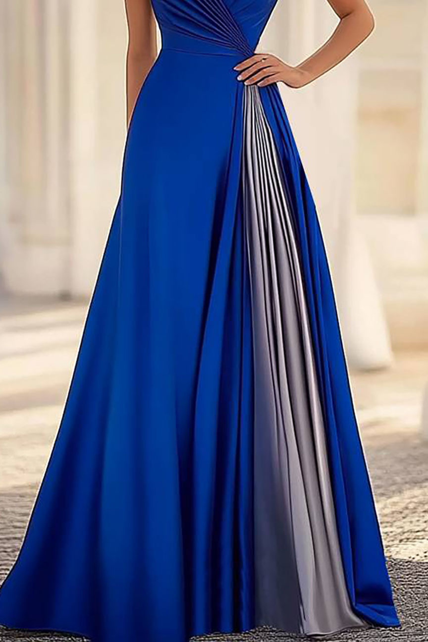Evening Prom One-Shoulder Dress Pleated Colorblock Maxi Dress