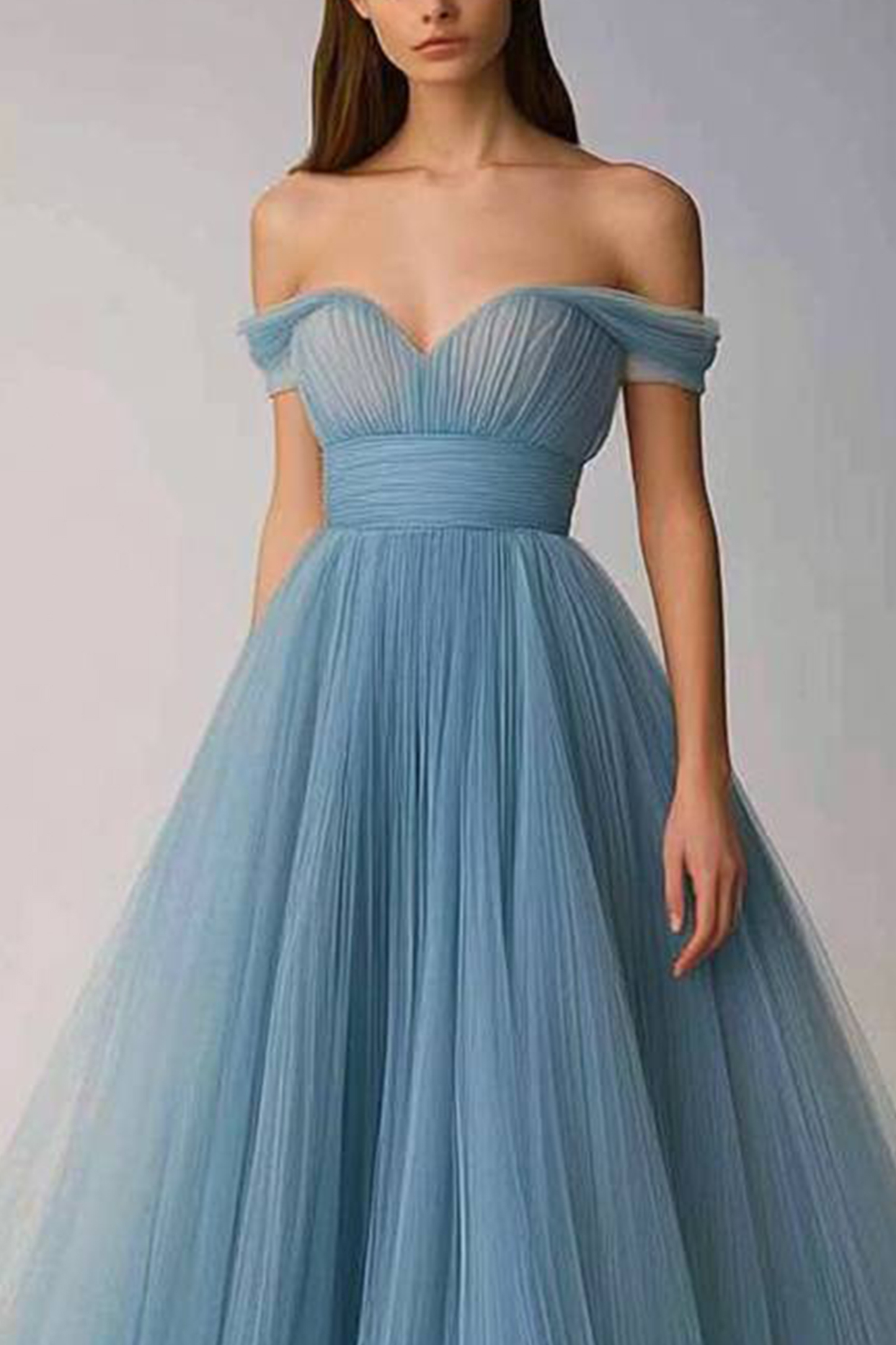 Formal Prom Light Blue Dress Belted Strapless Pleated Mesh Maxi Dress