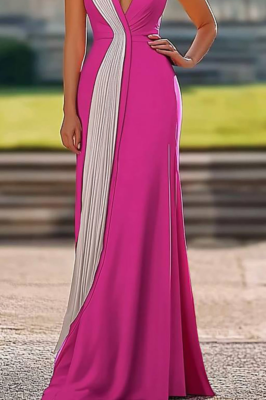 Party Prom Sleeveless Dress Deep V Color-block Maxi Dress