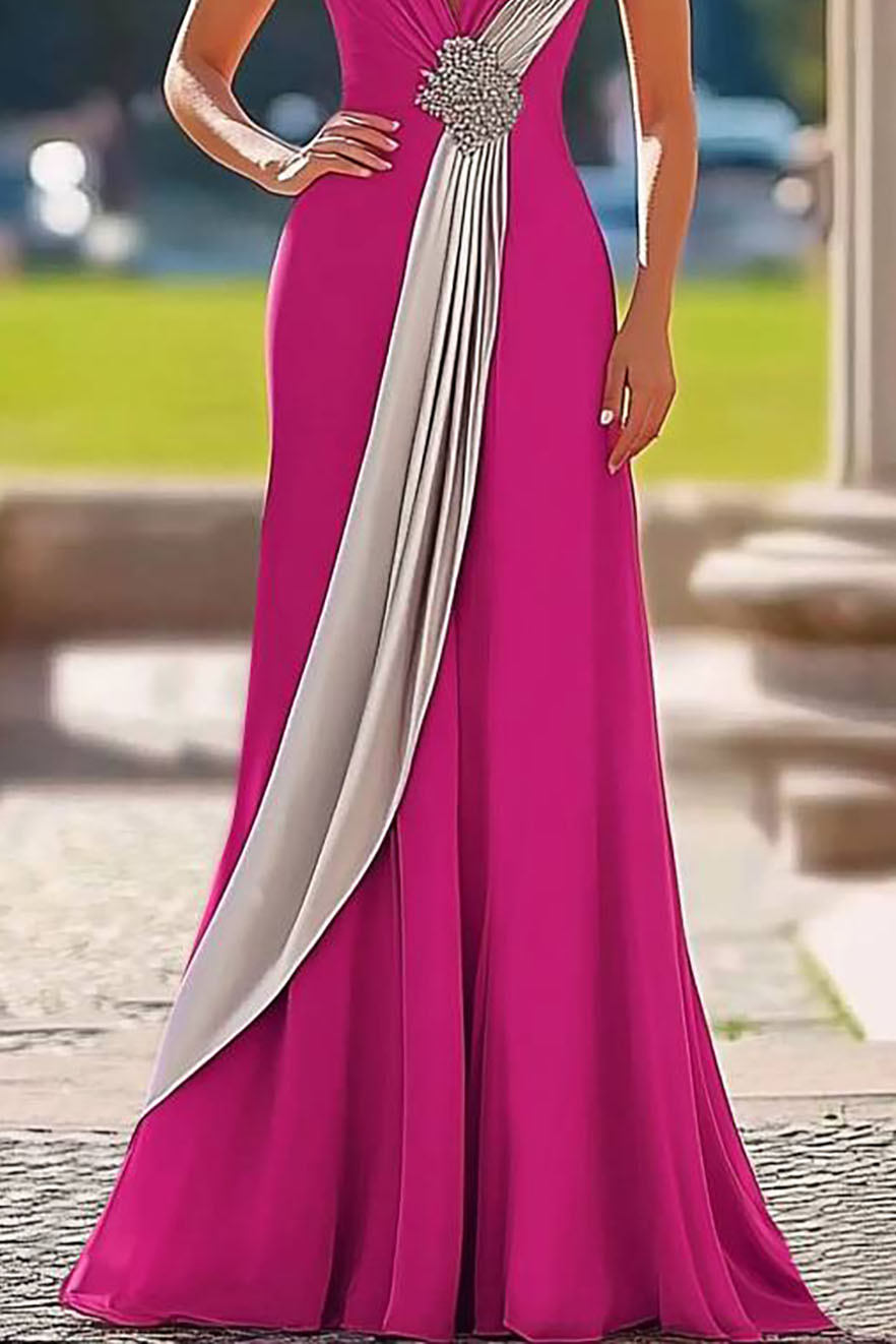 Formal Prom Dress Deep V Color-block with Rhinestone Floor-length Dress
