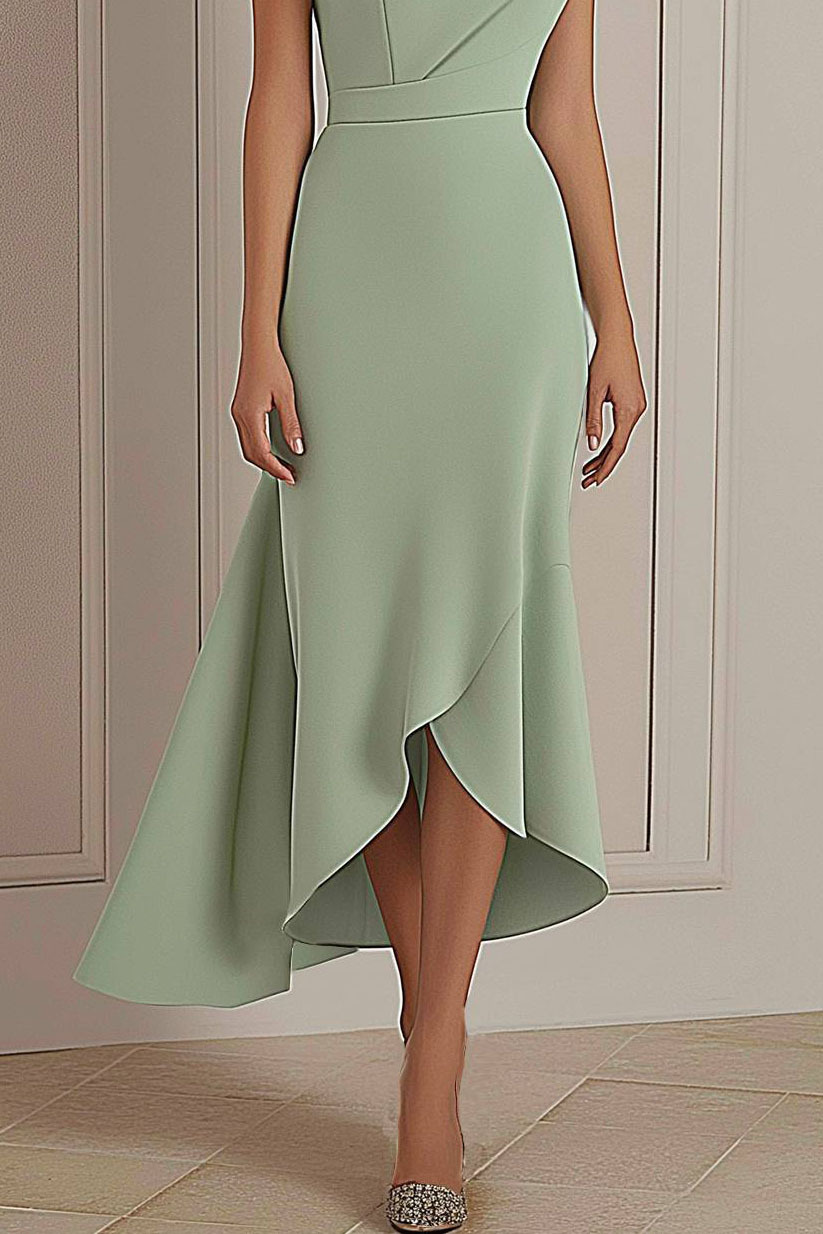 Daily Party Dress Light Green Round Neck Asymmetric Midi Dress