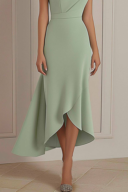 Daily Party Dress Light Green Round Neck Asymmetric Midi Dress