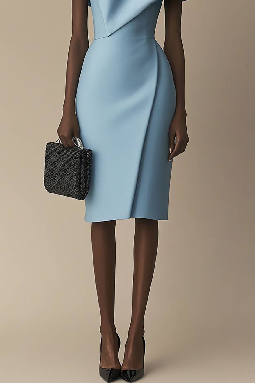 Semi-Formal Party Dress Blue Boat Neck Pleated Knee-Length Dress