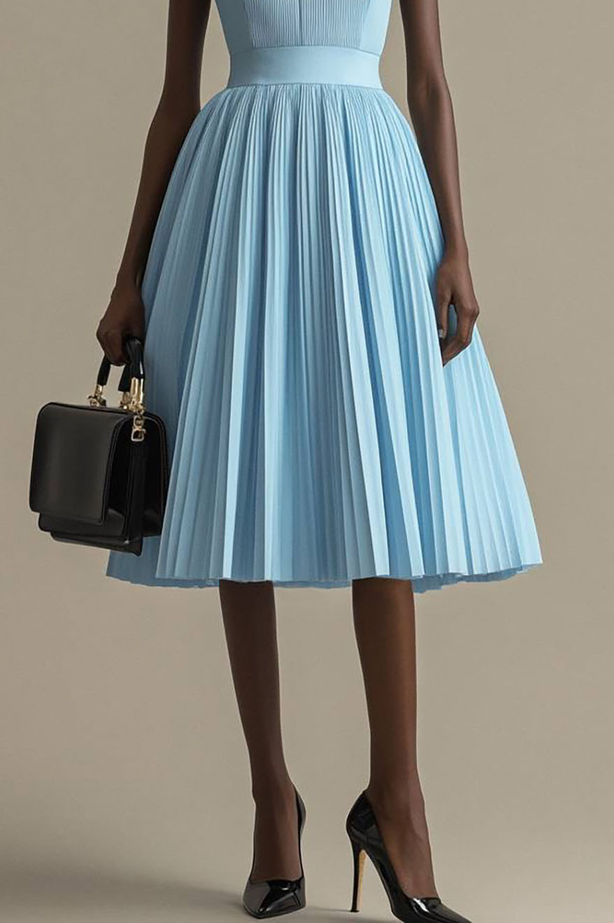 Ball Semi-Formal Dress Light Blue Pleated Round Neck Knee-Length Dress