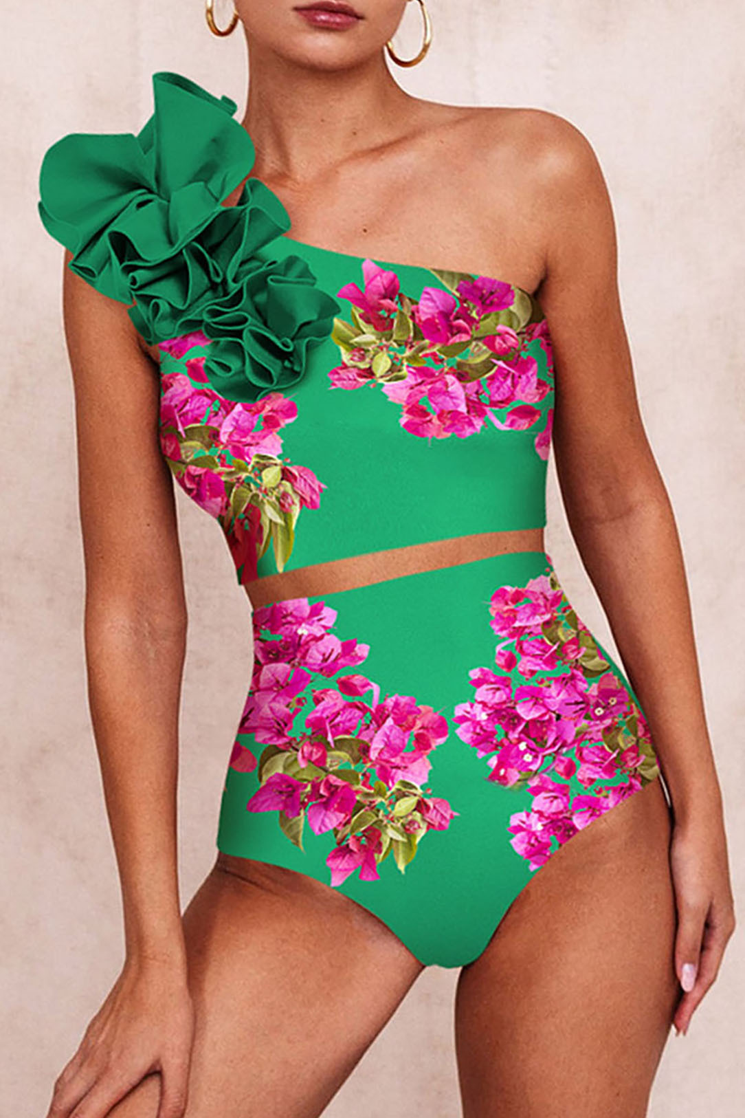 3D Green One-Shoulder Print High Waist Two-Piece Swimsuit and Cover-Up