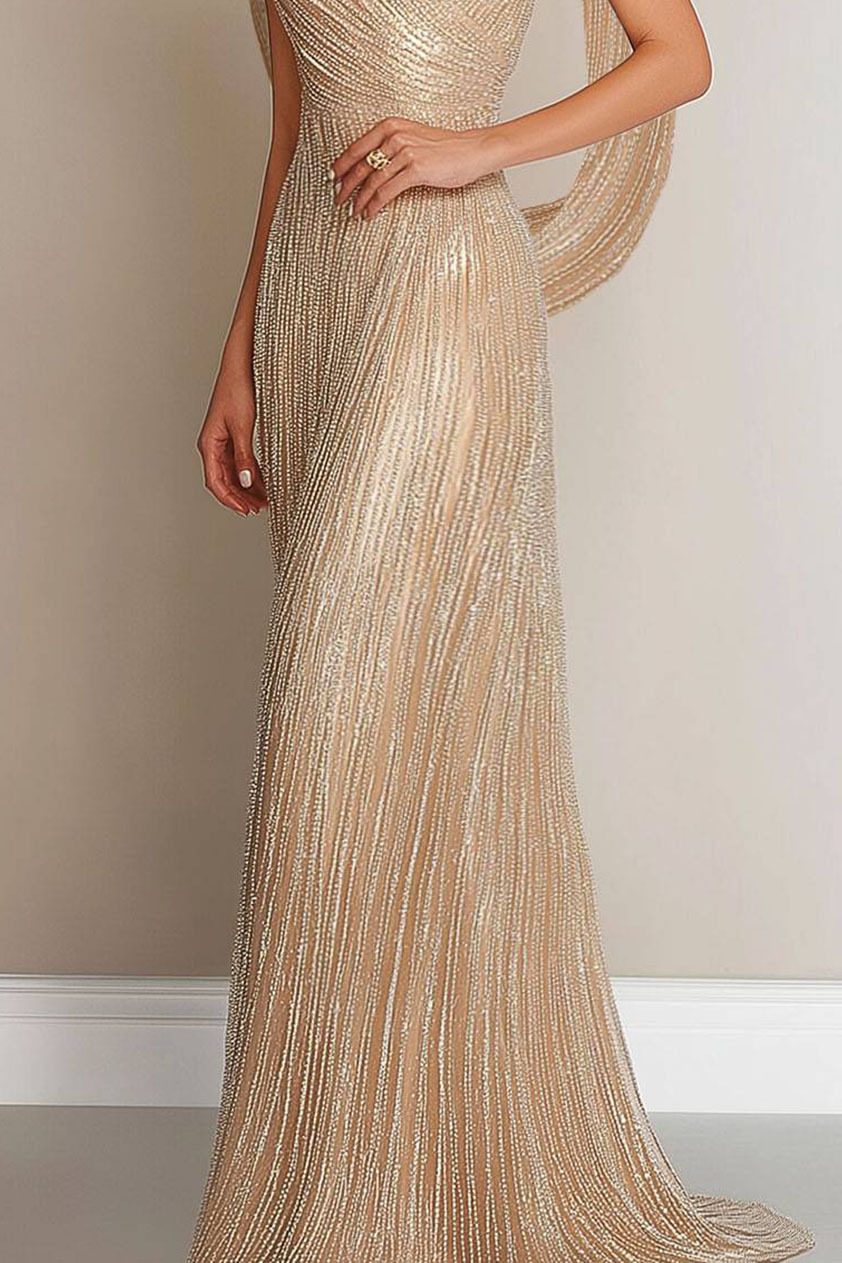 Prom Formal Gold Gown V-Neck Beaded Drop Maxi Dress