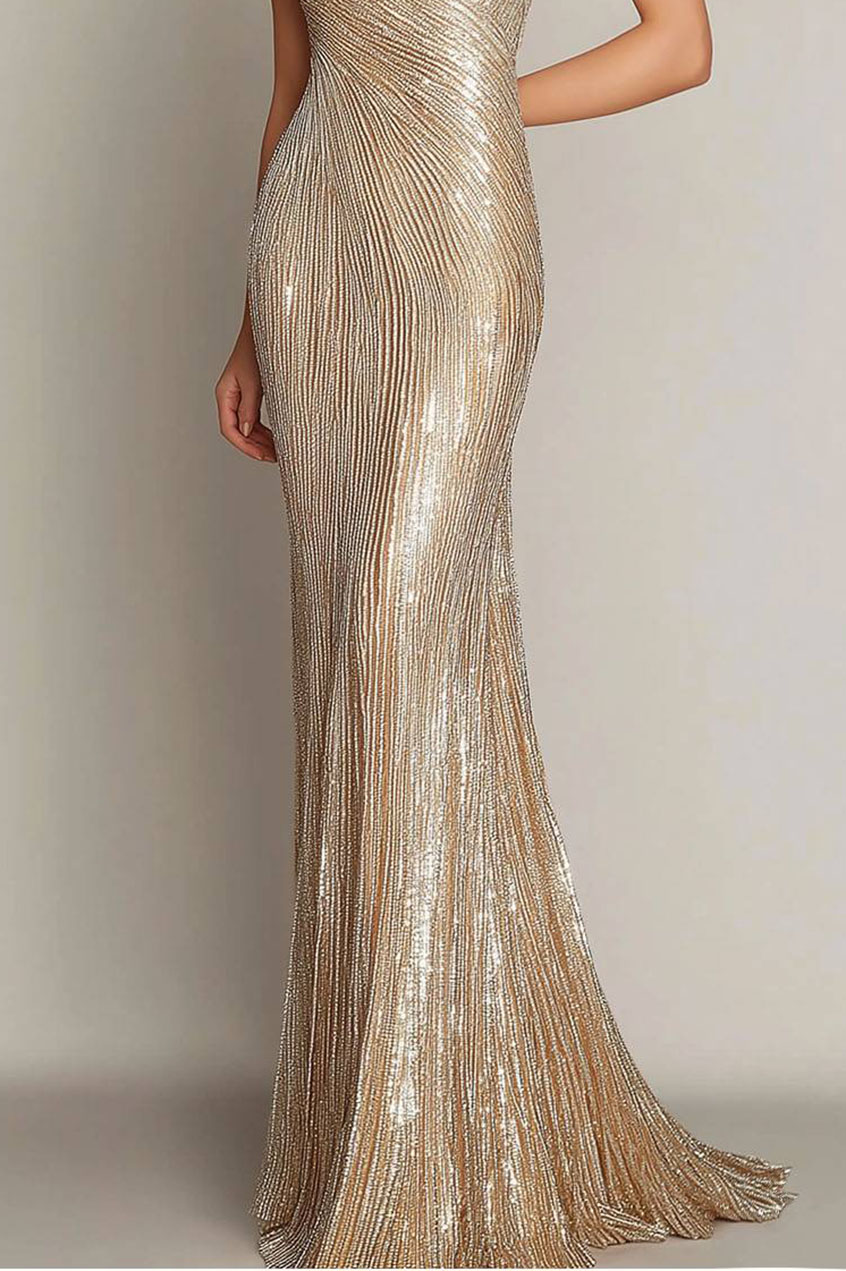 Prom Party Gold Gown V-Neck Off-Shoulder Beaded Maxi Dress