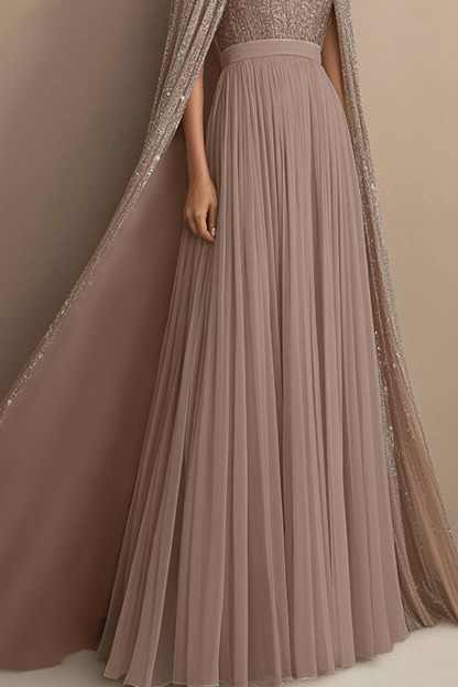 Luxe Evening Sequin Dress Tulle Grey Pink Cape Floor-Length Dress