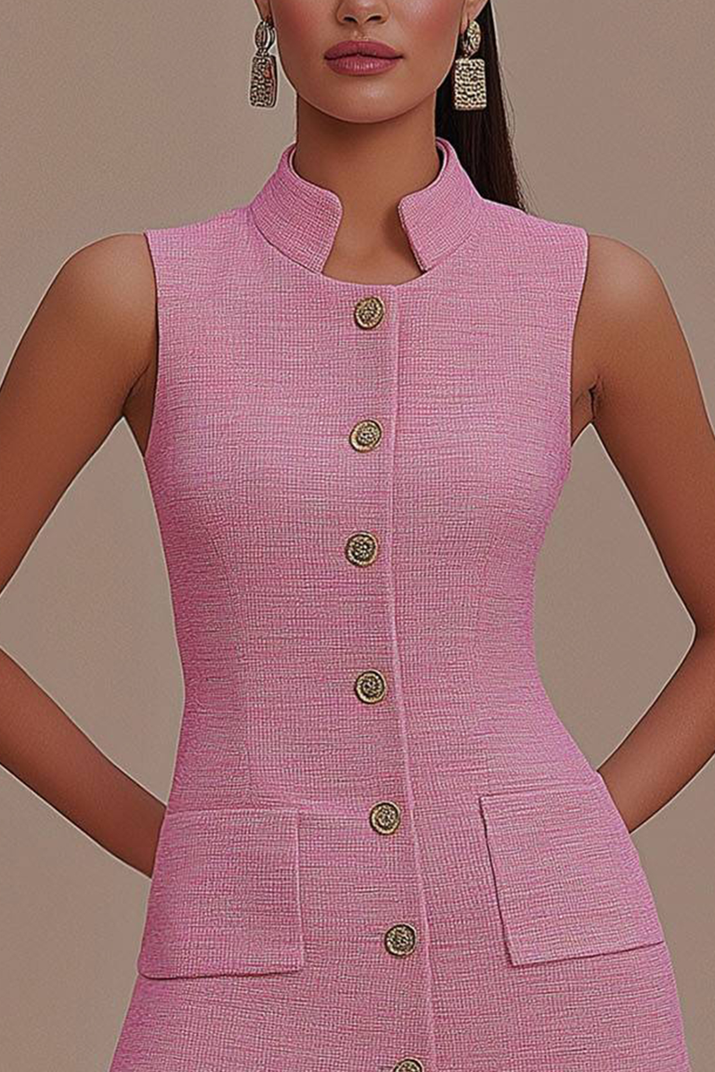 Party Prom Pink Dress High Neck Sleeveless Buttoned Mini Dress