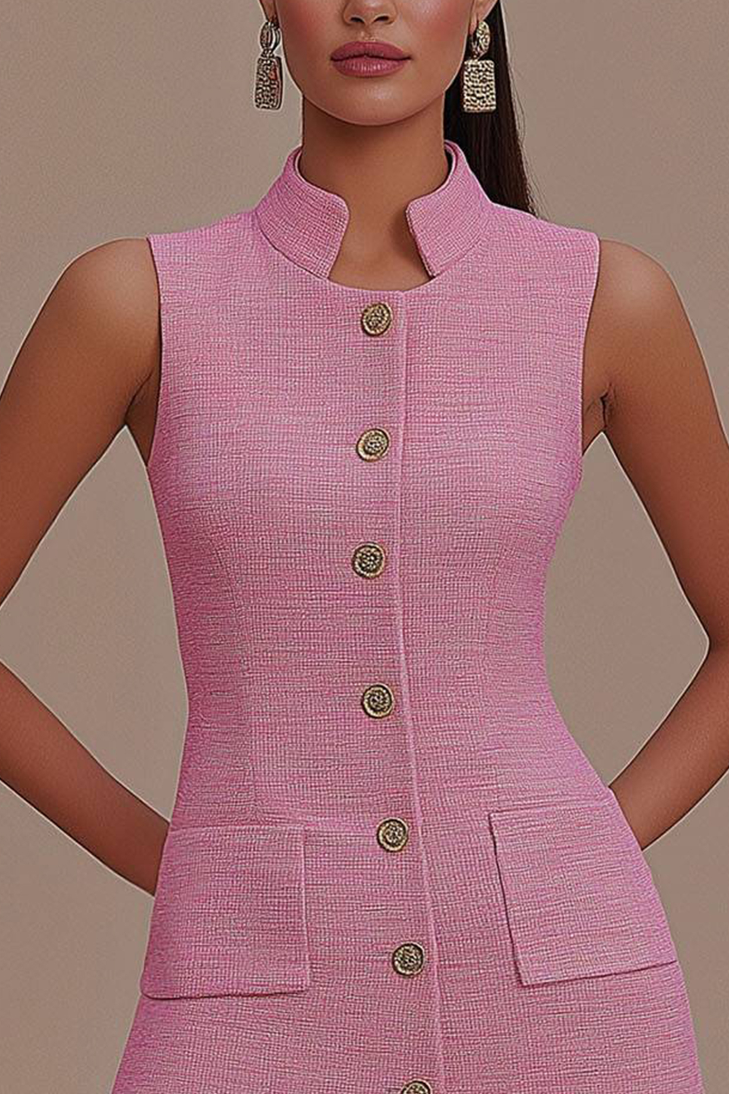 Party Prom Pink Dress High Neck Sleeveless Buttoned Mini Dress