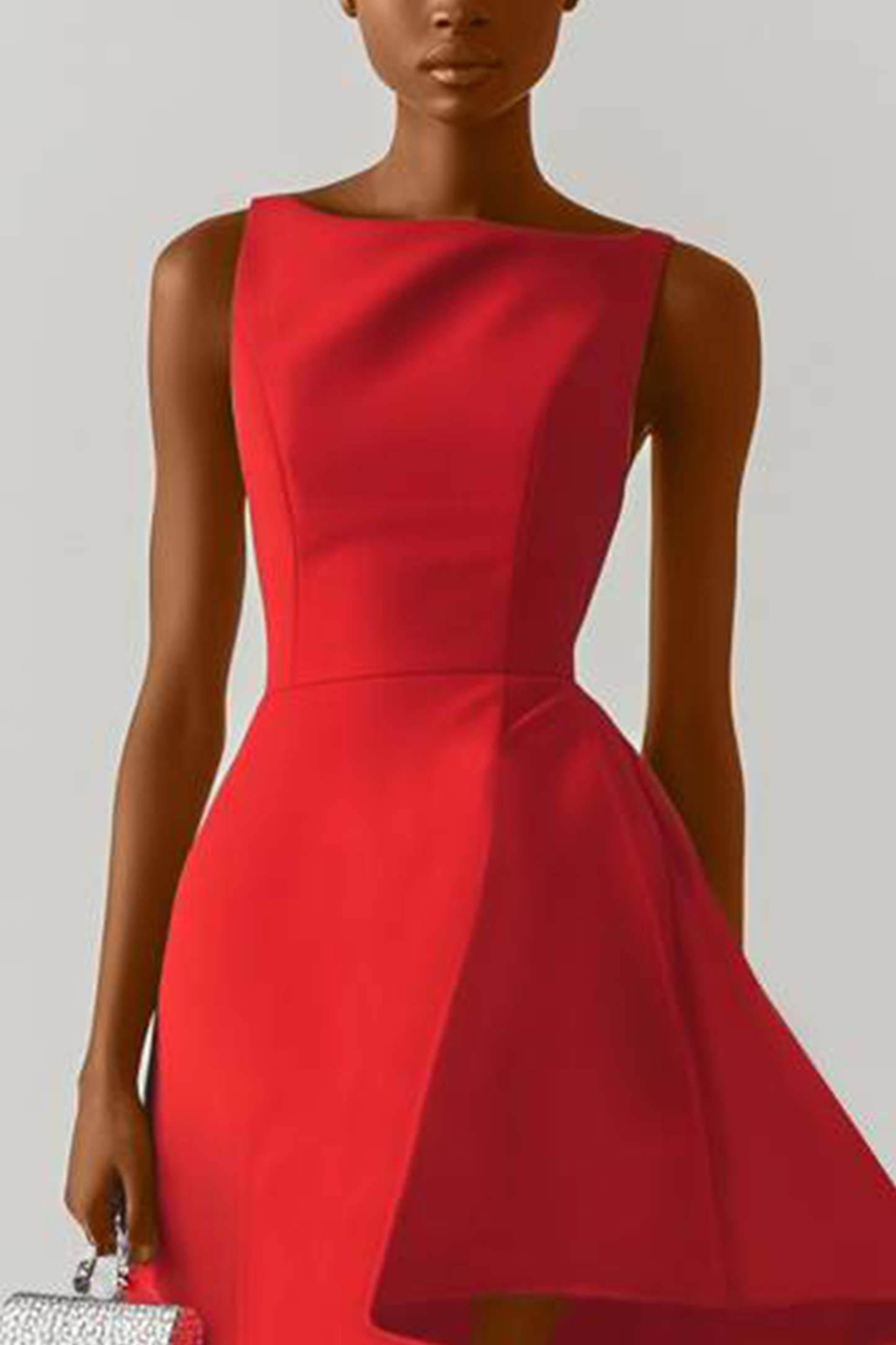 Evening Prom Red Dress Sleeveless Boat Neck Asymmetrical Midi Dress