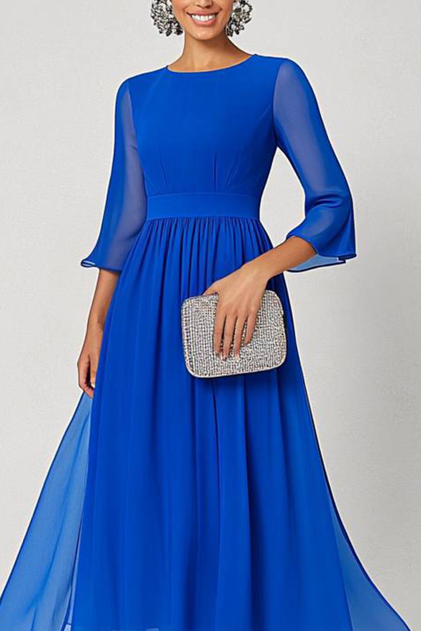 Party Prom Blue Dress Long Sleeve Round Neck Pleated Midi Dress