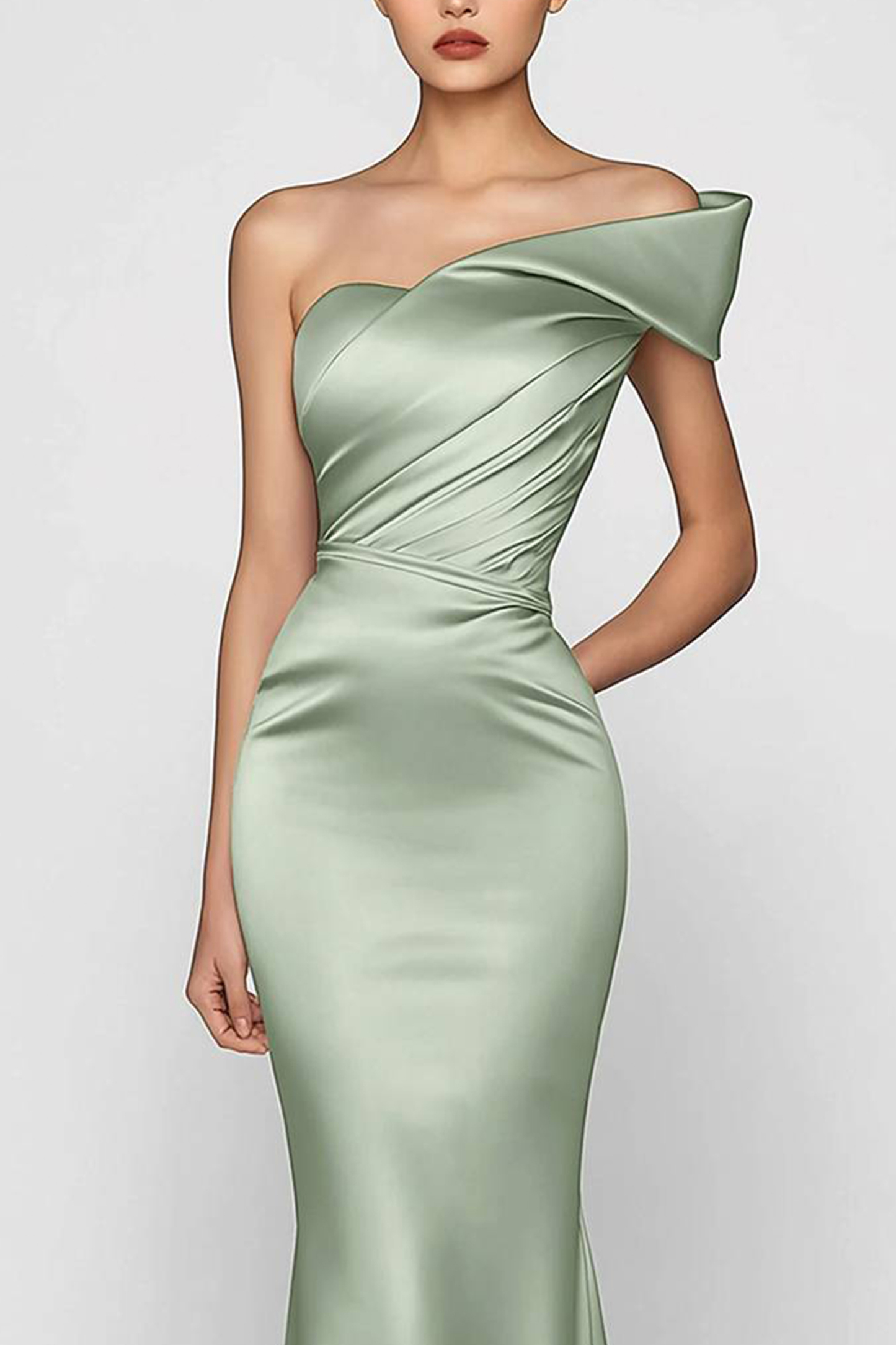 Evening Prom Sage Green Dress One Shoulder Satin Pleated Maxi Dress