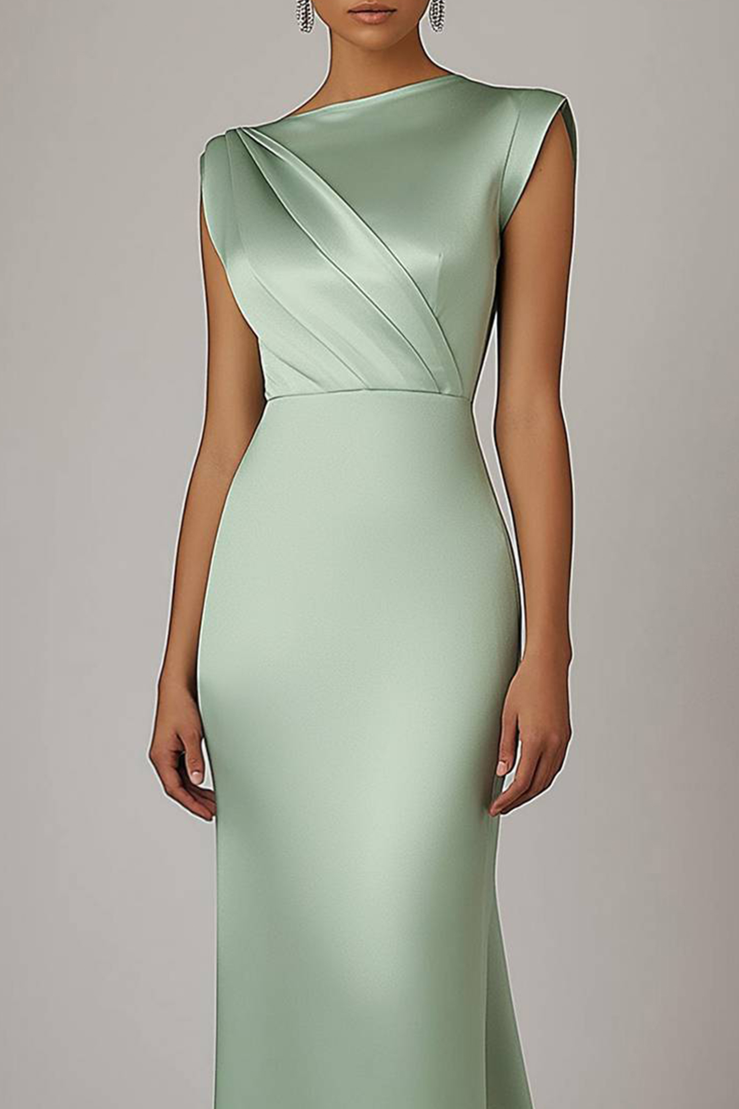 Party Prom Elegant Sage Green Dress Sleeveless Satin Pleated Maxi Dress