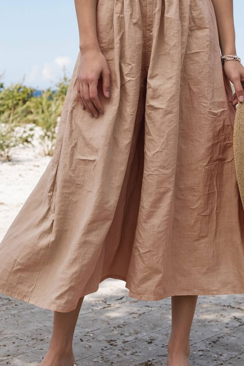 Casual Daily Linen Skirt Light Khaki with Belt Midi Skirt
