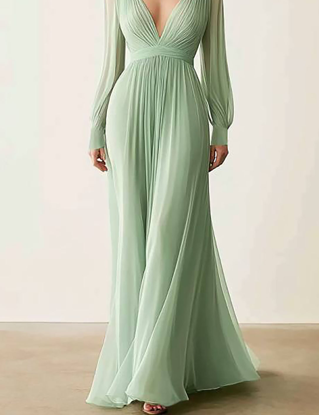 Prom Evening V-Neck Green Long Sleeve Maxi Dress