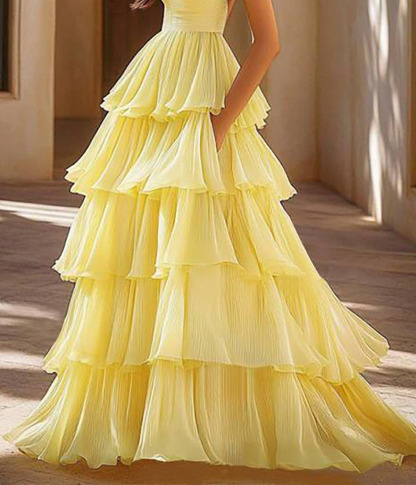 Party Holiday V-Neck  Pleated Yellow Spaghetti strap Maxi Dress