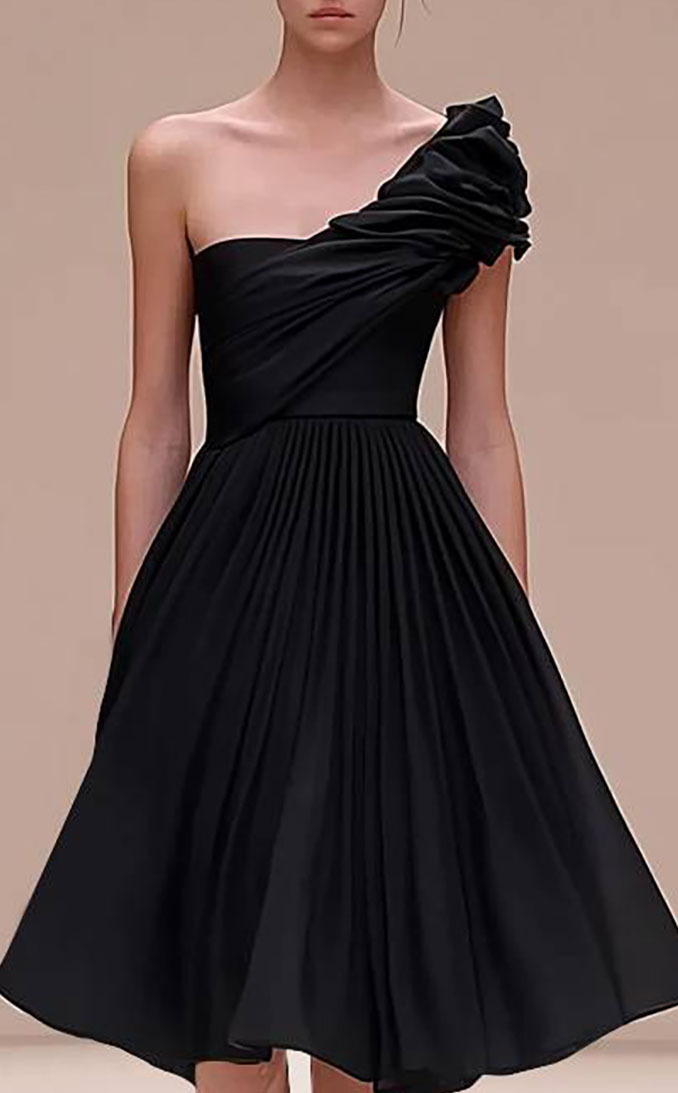 Evening Pleated Prom Dress One-Shoulder Black Knee Length Dress