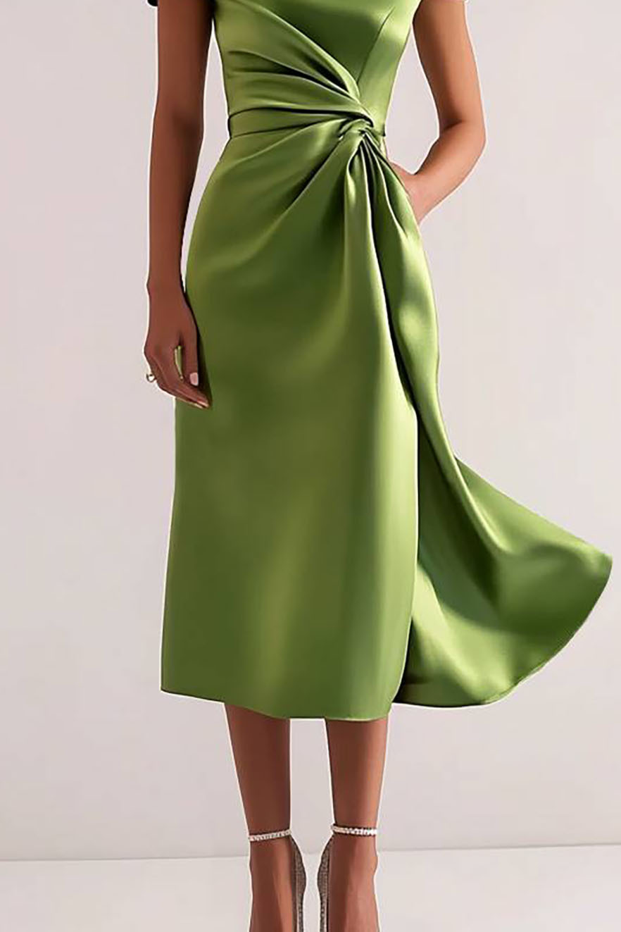 Wedding Guest Dress Short Sleeves Green Midi Mother of Bride Dress