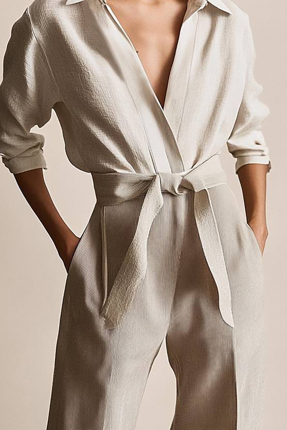 Casual Daily Linen Top Beige Collared Tie Shirt