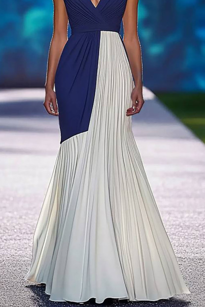 Evening Party Purple Dress Color-block Deep V Pleated Floor-Length Dress