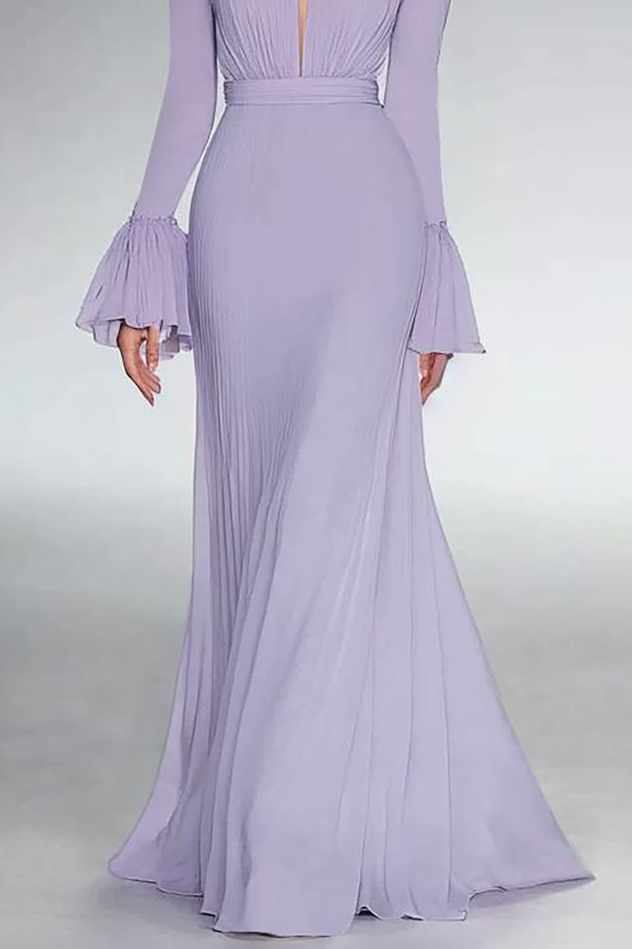 Party Formal Dress Purple Deep V-Neck Long Sleeve Ruffle Floor-Length Dress