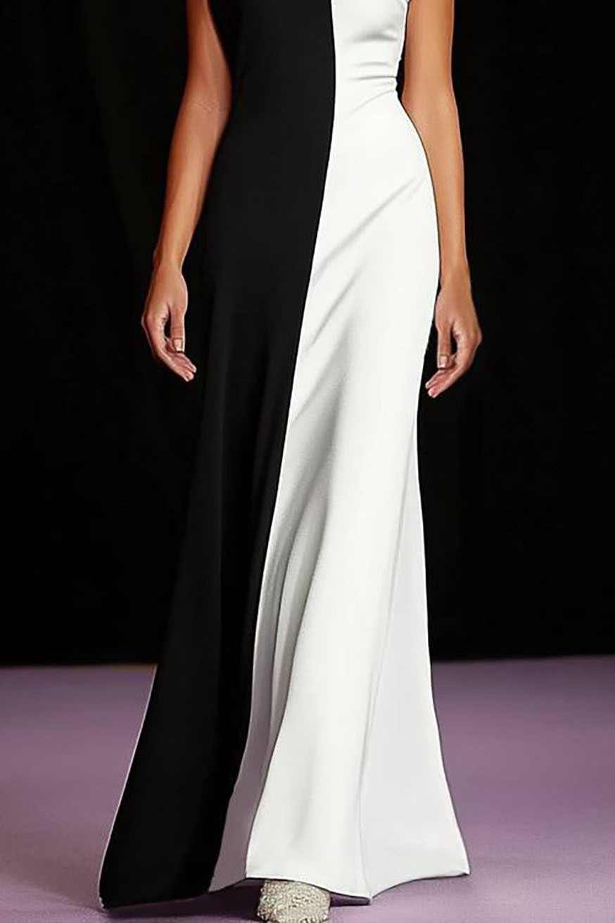 Formal Evening Black White Dress Color-block Sleeveless Floor-Length Dress