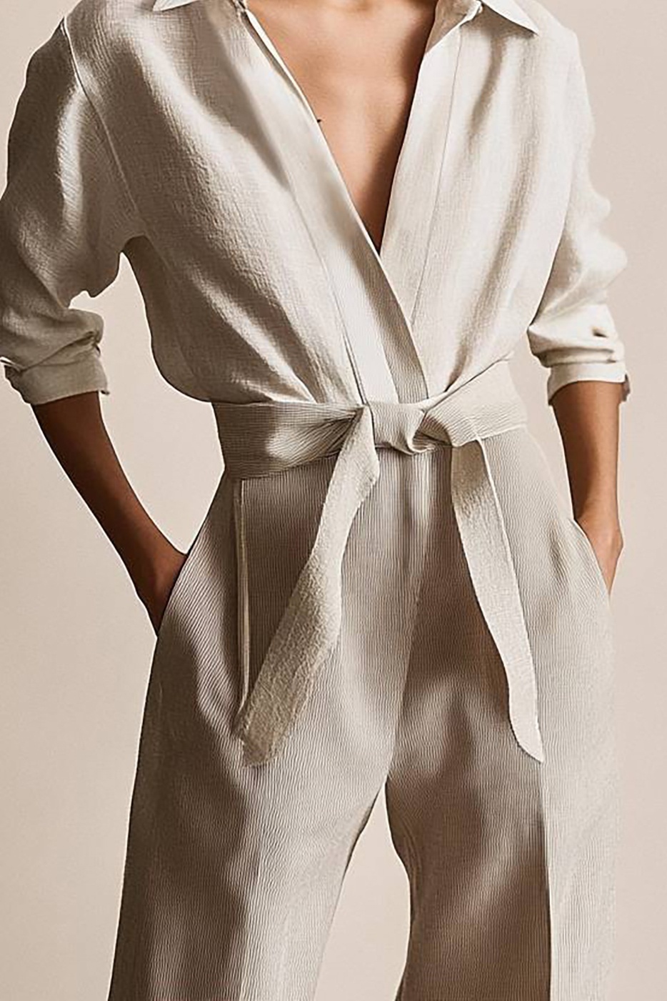 Casual Daily Linen Top Beige Collared Tie Shirt