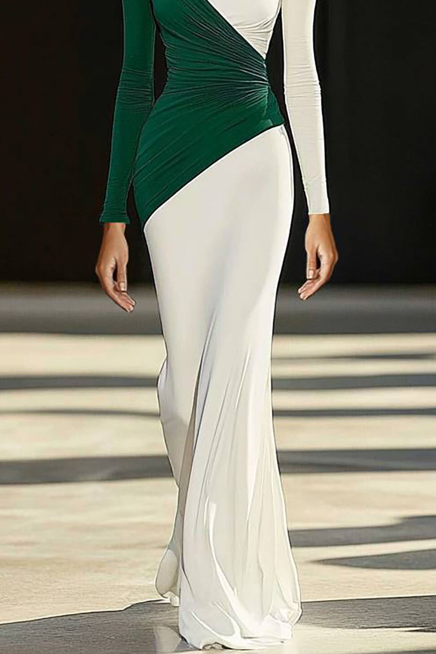 Party Semi-Formal Color-block Dress Boat Neck Long Sleeve Floor-Length Dress
