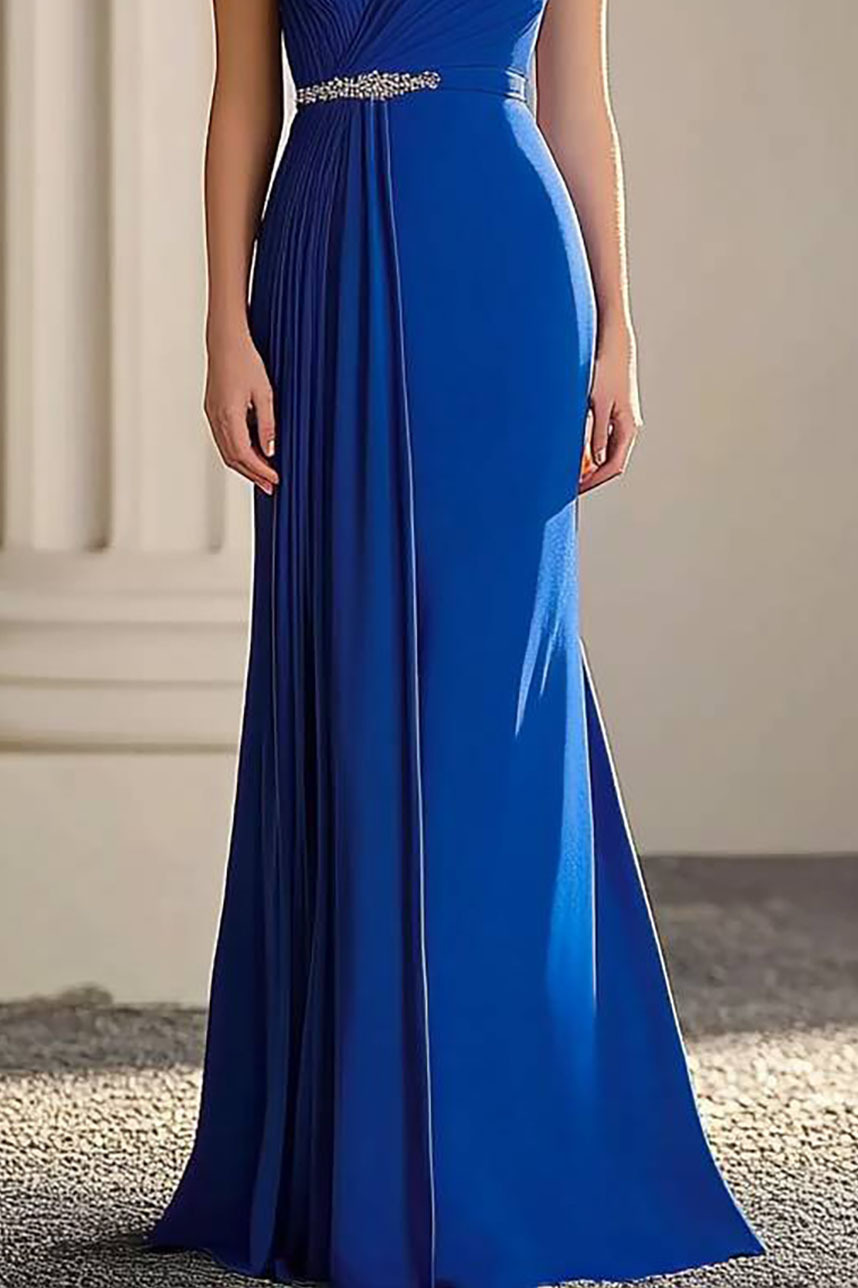 Elegant Formal Off-Shoulder Dress Waist Detail Pleated Floor-Length Dress