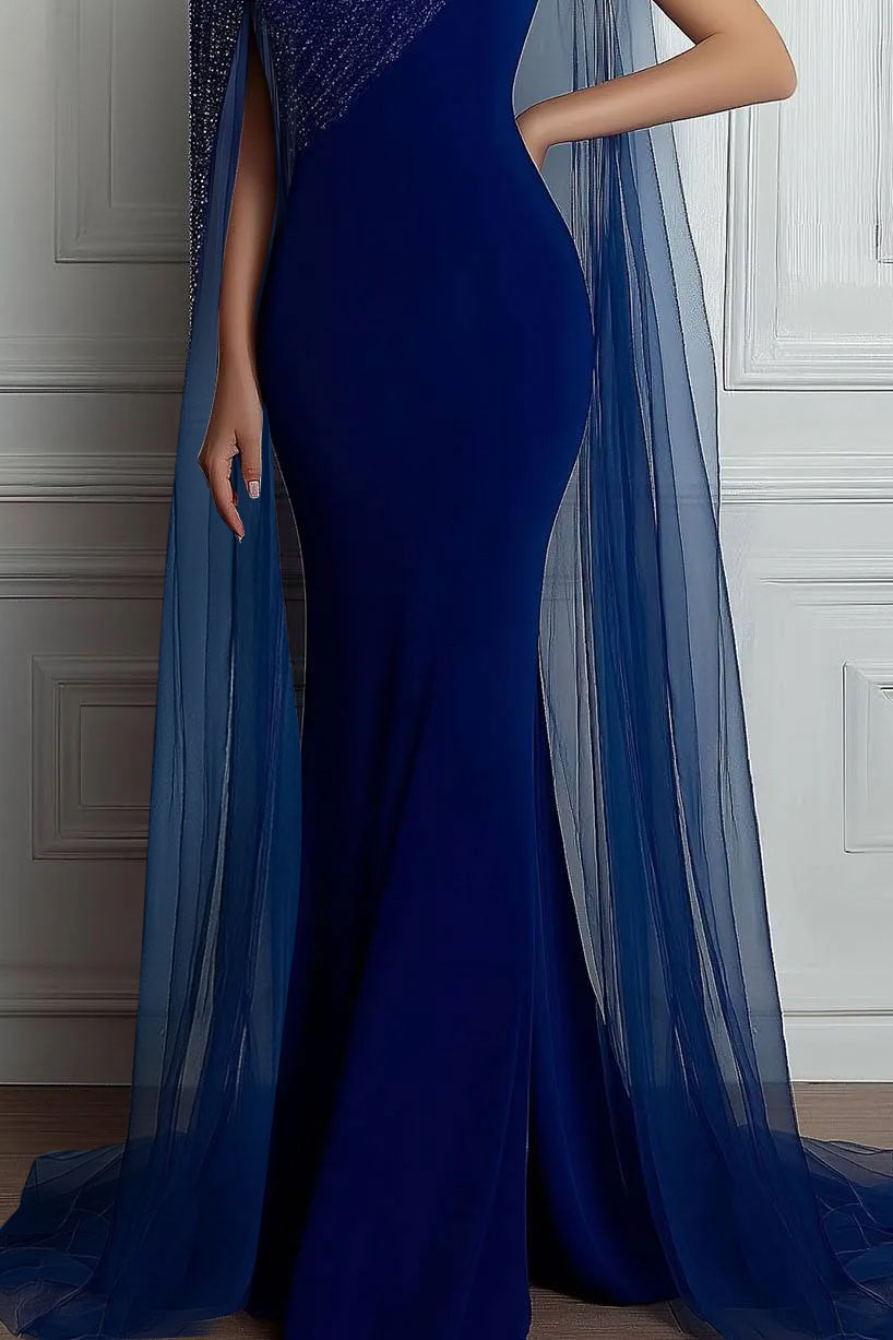 Evening Formal Dress Asymmetrical Neck One-shoulder Sequin Cape Floor-length Dress