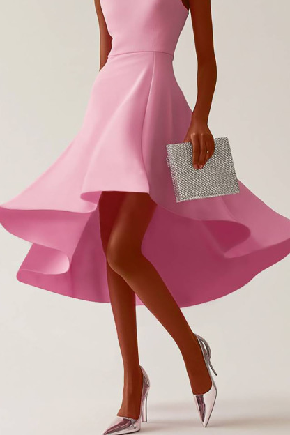 Party Dress Pink Sleeveless Boat Neck Full Skirt Midi Dress