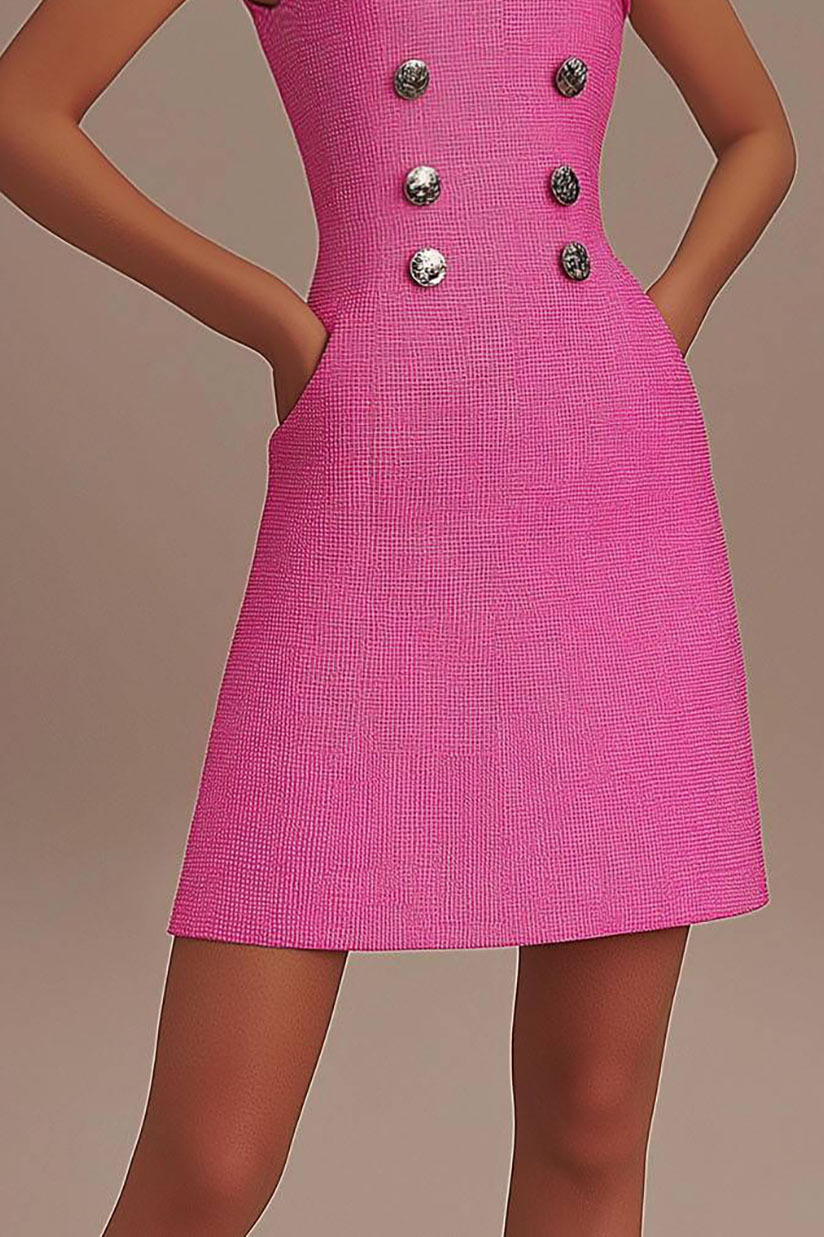Semi-Formal Work Pink Dress Sleeveless Asymmetrical Neck Pocket Mini Dress