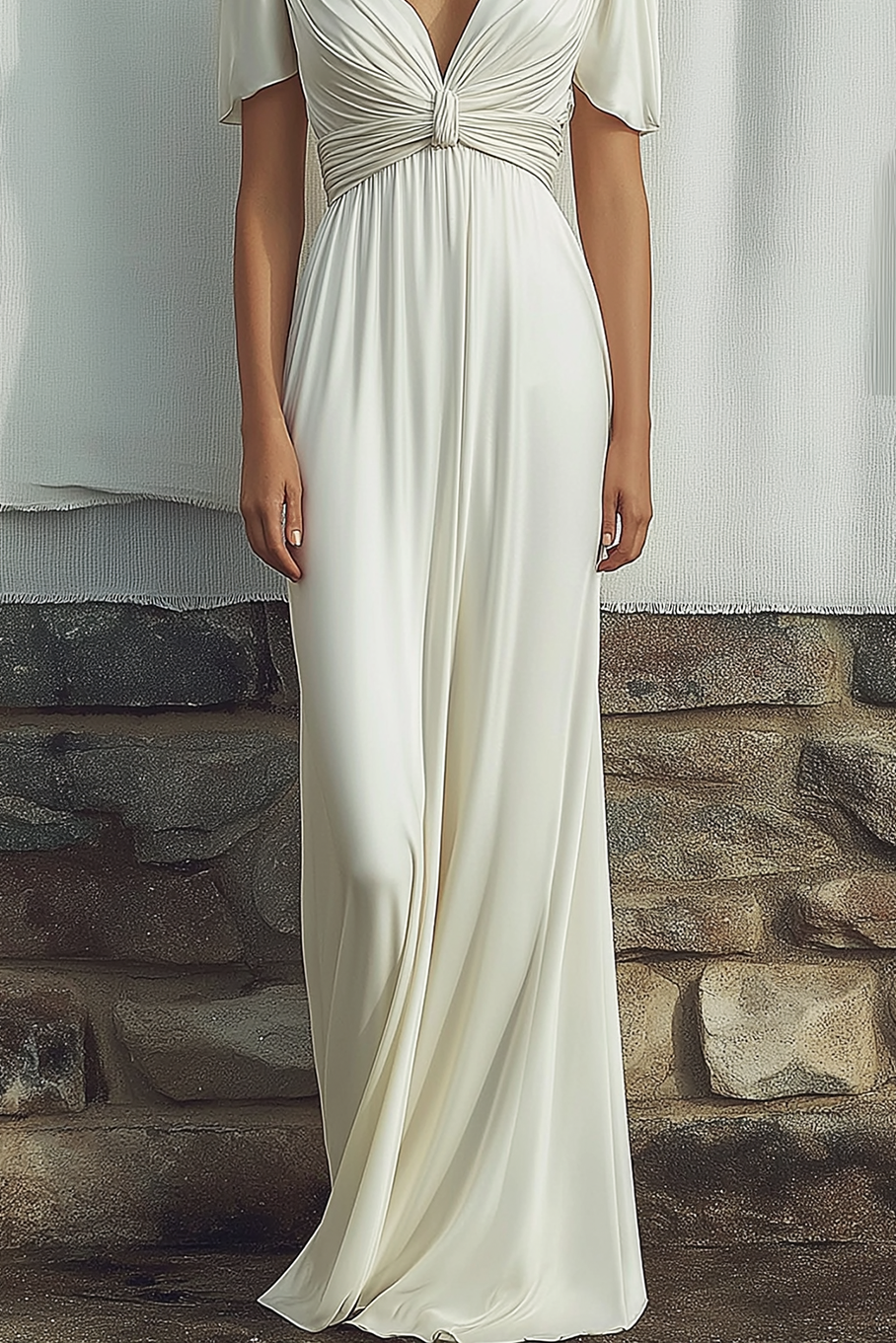 Elegant Evening Dress White V-Neck Draped Pleated Floor-Length Dress