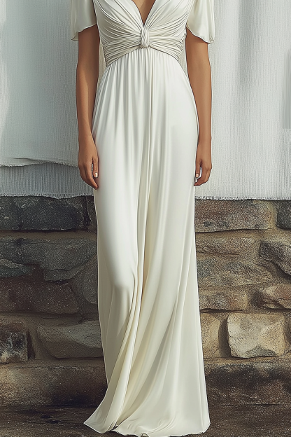 Elegant Evening Dress White V-Neck Draped Pleated Floor-Length Dress