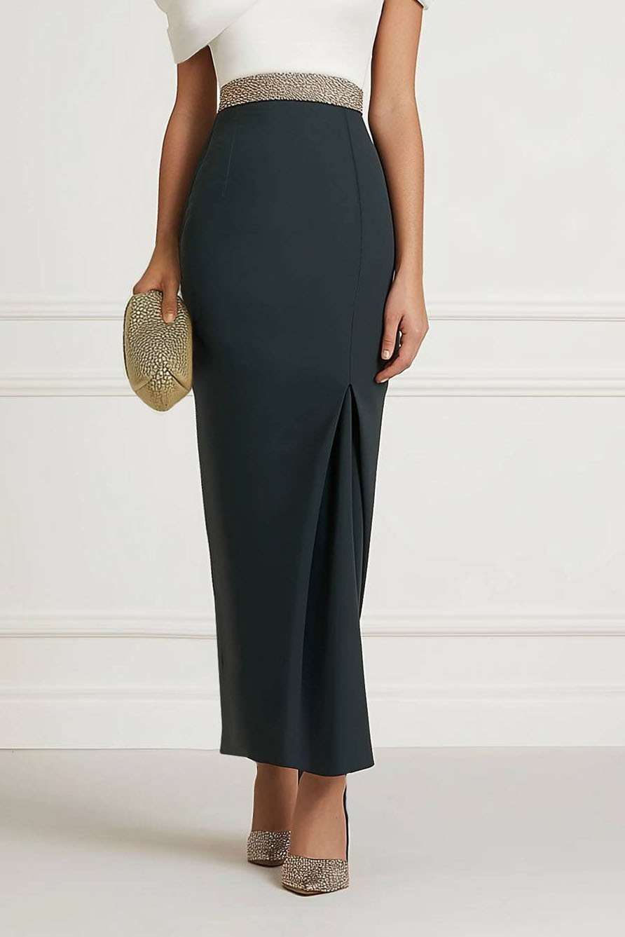 Semi-formal Party Color-block Dress One-Shoulder Pleated Rhinestone Maxi Dress
