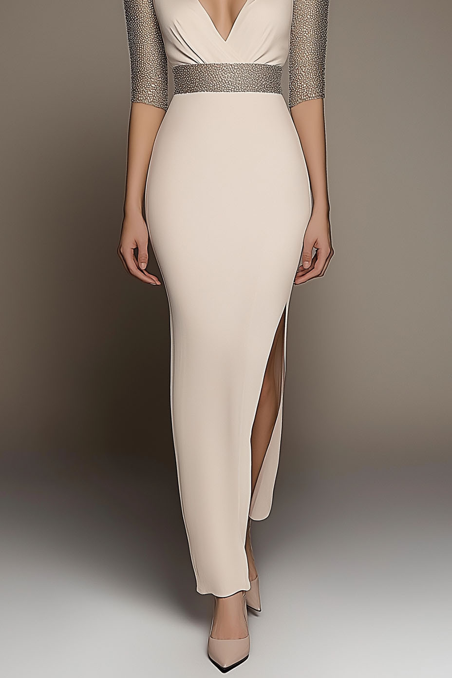 Chic Party Patchwork Dress Deep V-Neck Beaded Light Pink Slit Maxi Dress
