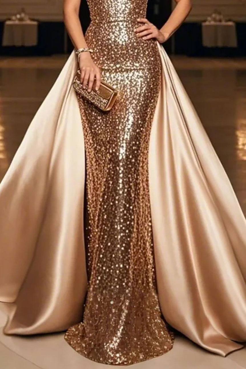 Formal Evening Sequin Dress Champagne Slip Satin Train Gown