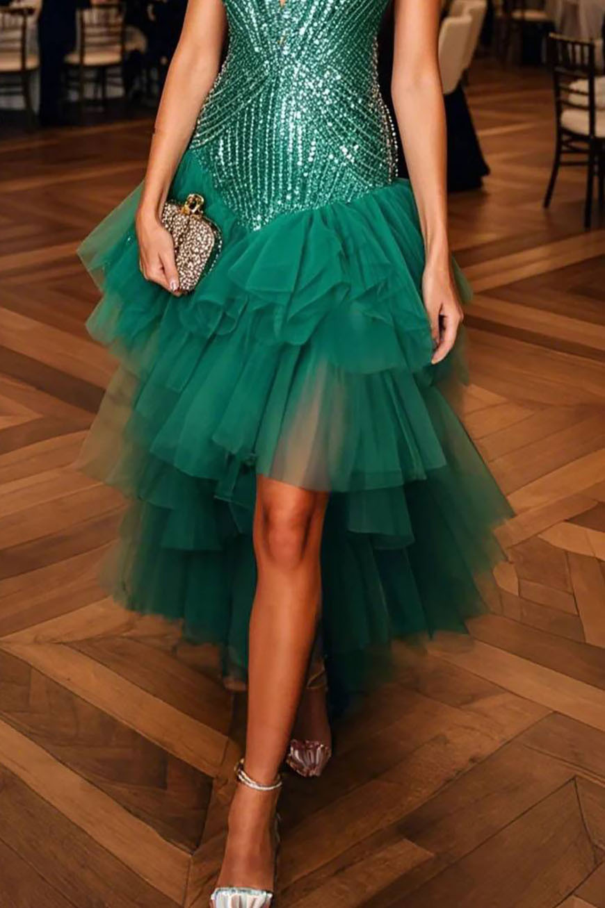 Chic Prom Sequin Dress Green Spaghetti Strap V-Neck Tulle High Low Midi Gown