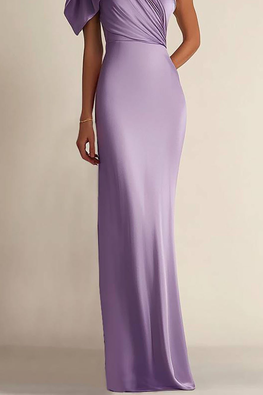 Formal Evening Satin Dress Purple One-Shoulder Pleated Floor-Length Dress