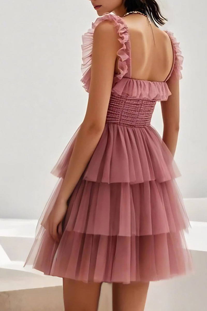 Party Prom Tulle Dress Pink Ruffle Layered Mini Dress