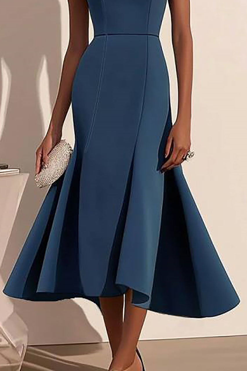 Elegant Semi-Formal Dress Dark Blue Boat Neck Sleeveless Midi Gown
