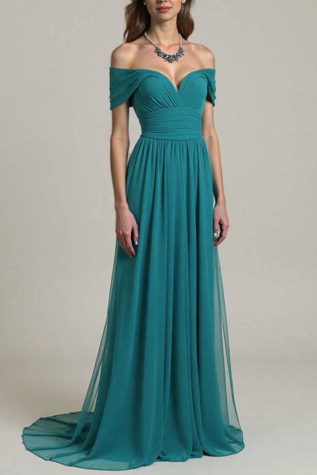Formal Evening Chiffon Dress Green Off-Shoulder Floor-Length Dress