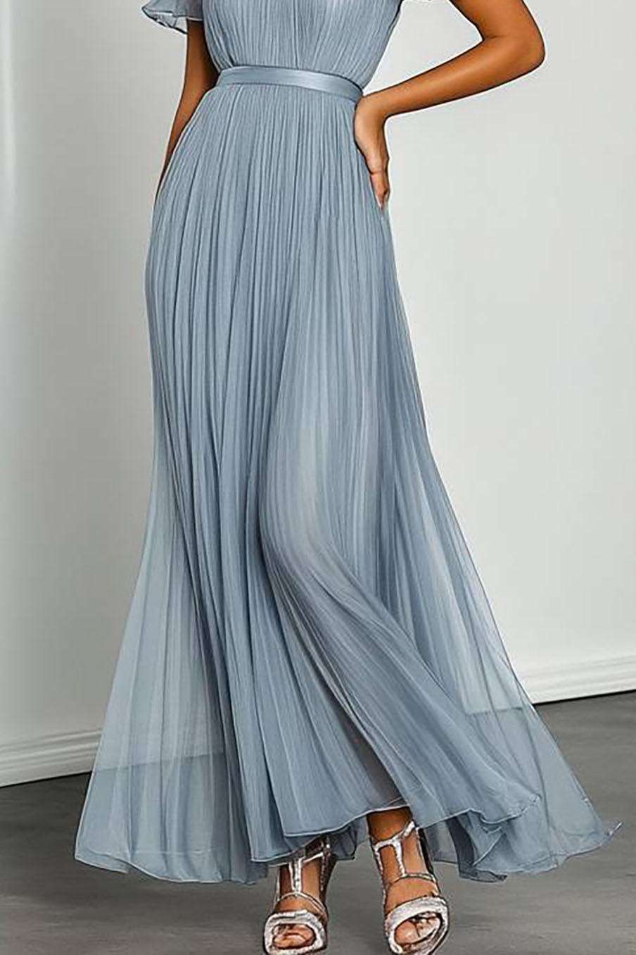 Wedding Guest Party Dress Light Blue Off-Shoulder Ruffle Pleated Maxi Dress