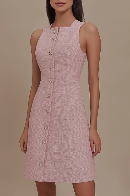 Party Daily Dress Square Neck Pink Sleeveless Button Mini Dress