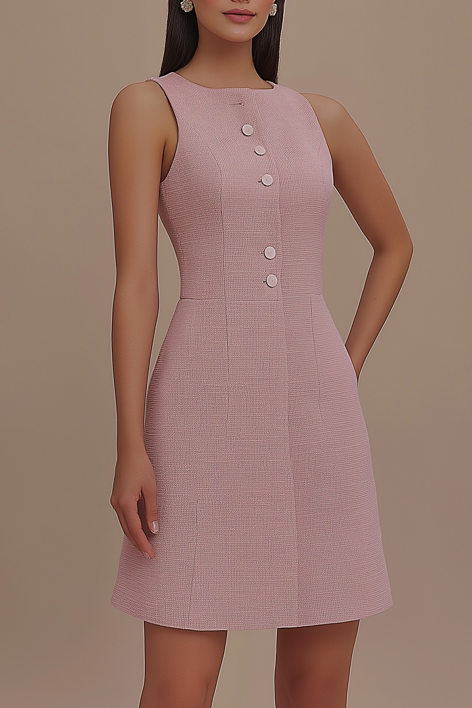 Chic Party Dress Square Neck Pink Sleeveless Button Mini Dress