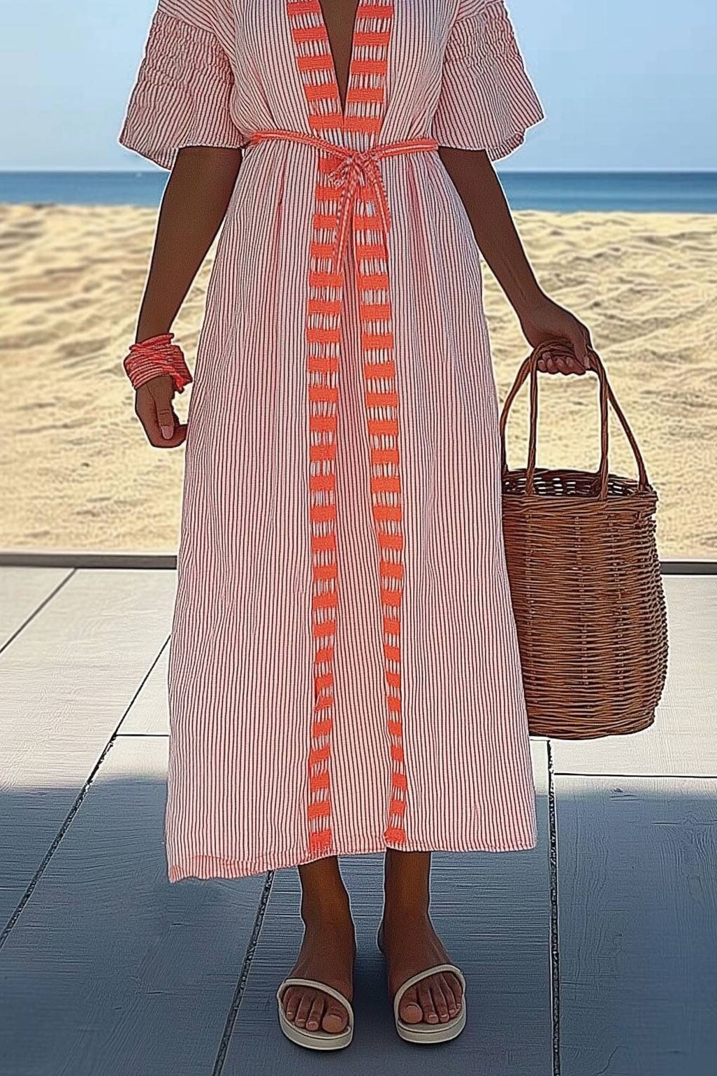 Vacation Casual Dress Orange Stripe Deep V Tie-Up Maxi Dress